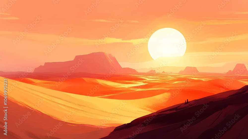 Two figures stand on a rocky ridge overlooking a vast desert landscape at sunset. The sun is a large, bright disc in the sky, casting an orange glow over the sand dunes. Two figures stand on a rocky ridge overlooking a vast desert landscape at sunset. The sun is a large, bright disc in the sky, casting an orange glow over the sand dunes.