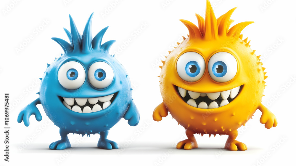 Two friendly cartoon monsters, one blue and one yellow, with big smiles and spiky hair, standing side by side against a white background. Two friendly cartoon monsters, one blue and one yellow, with big smiles and spiky hair, standing side by side against a white background.
