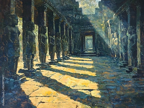 Ancient Temple Corridor with Sunlight Streaming Through photo