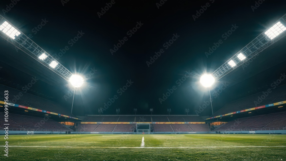 Night view of an illuminated soccer or football field with empty stands and copy space in the foreground, football, perspective Night view of an illuminated soccer or football field with empty stands and copy space in the foreground, football, perspective