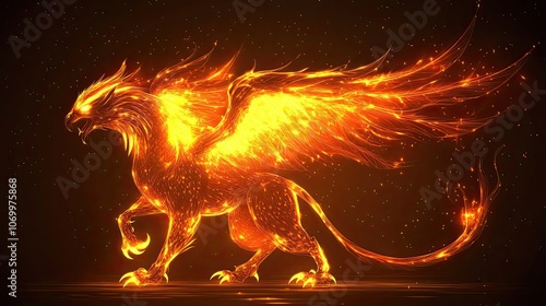 Fiery Griffin Creature with Wings and Tail of Flames