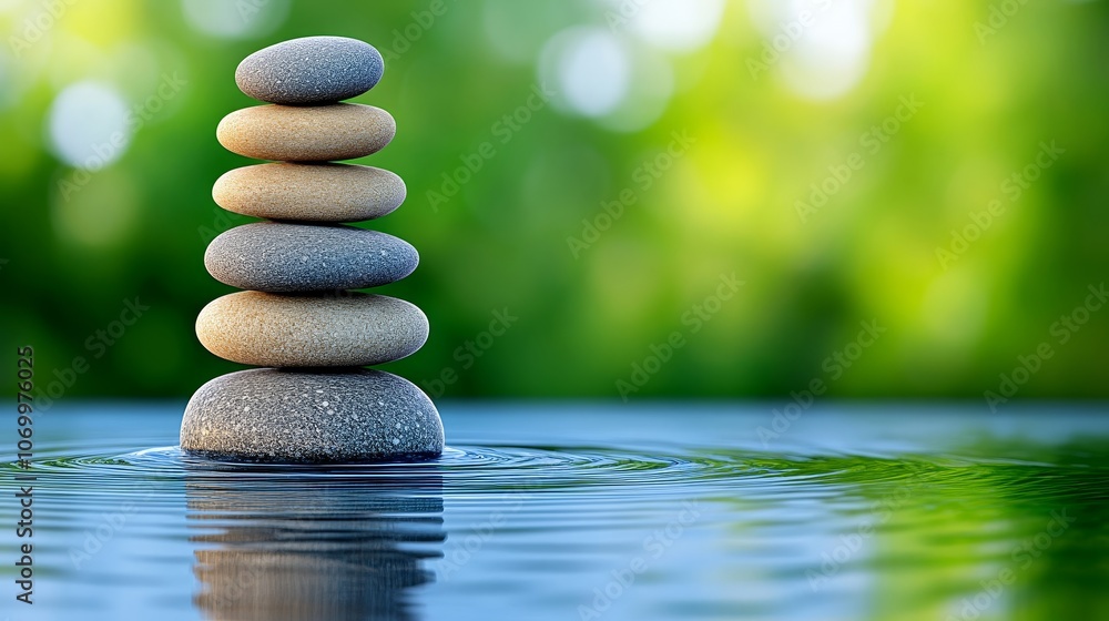 Obraz premium Zen Stones Balanced in Water with Green Blurred Background