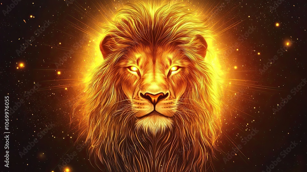 Fototapeta premium Fiery Lion Portrait Against a Starry Background