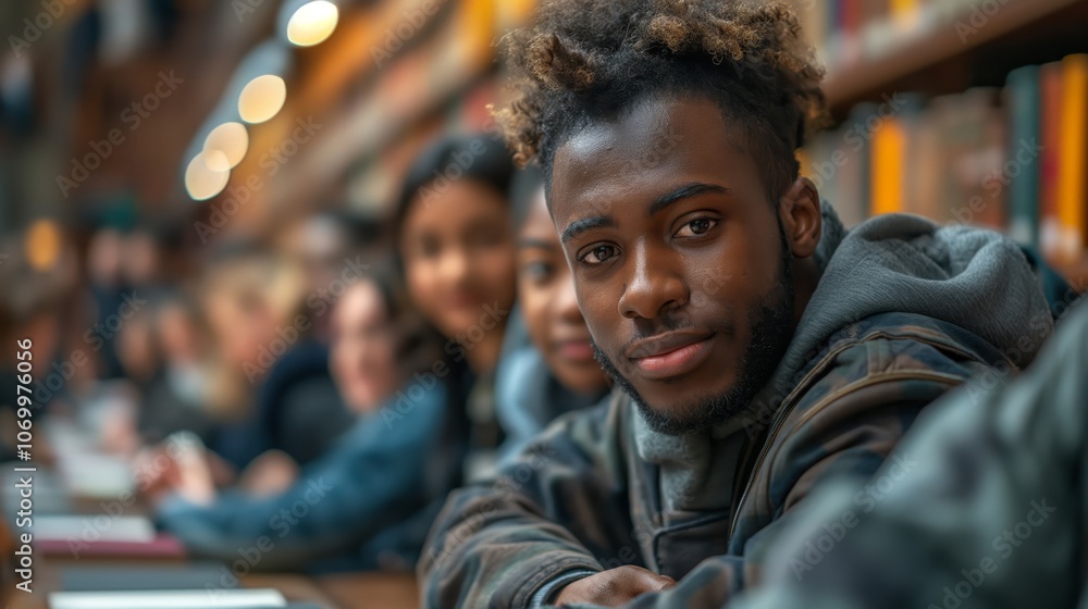 Obraz premium Young student African American male smiles warmly in a library with students. AI generated
