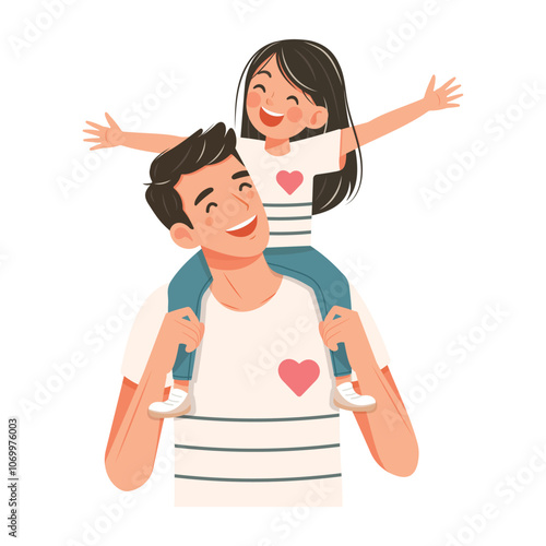Happy father day. Smiling daughter is sitting on the father's shoulders on white background. Vector illustration in flat cartoon style