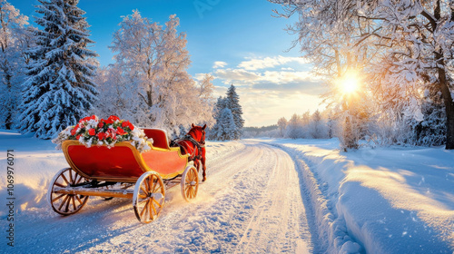 horse drawn sleigh glides through snowy winter landscape, surrounded by frosty trees and bright sun casting warm light. sleigh is adorned with vibrant flowers, adding color to serene scene photo