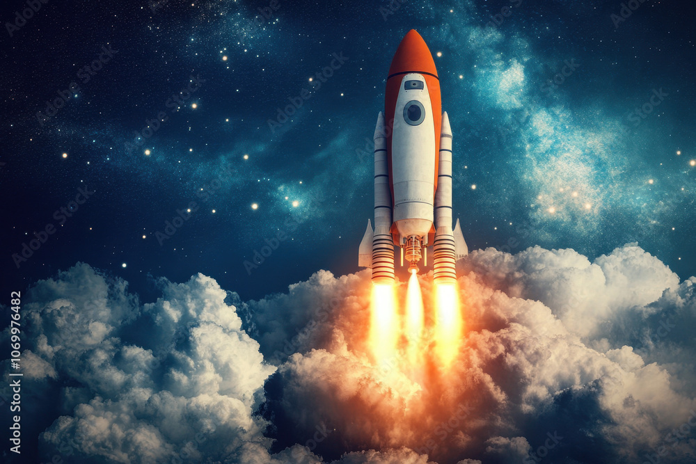 A powerful rocket launches into the night sky, leaving behind trails of fire and smoke against a backdrop of twinkling stars and cosmic mysteries. A powerful rocket launches into the night sky, leaving behind trails of fire and smoke against a backdrop of twinkling stars and cosmic mysteries.