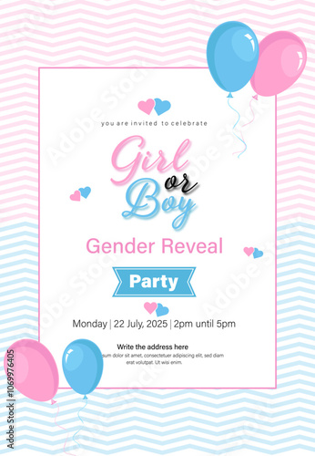 Girl or Boy gender reveal party invition vector template vertical design with balloons.