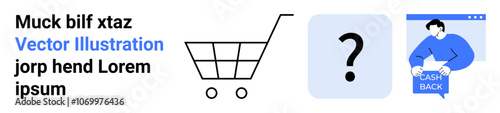 Shopping cart, question mark, person holding cash back sign in a web browser window. Ideal for e-commerce, FAQ sections, online shopping tutorials, customer support, retail marketing, financial