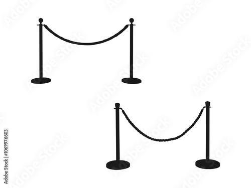 barrier rope silhouettes stanchion ropes flat vector icon for apps and print. barricade with rope, black isolated silhouette. black and white flat design. Black icons isolated on white background.