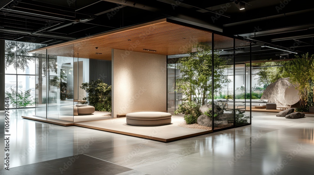 Modern loft interior design featuring serene space with greenery Modern loft interior design featuring serene space with greenery