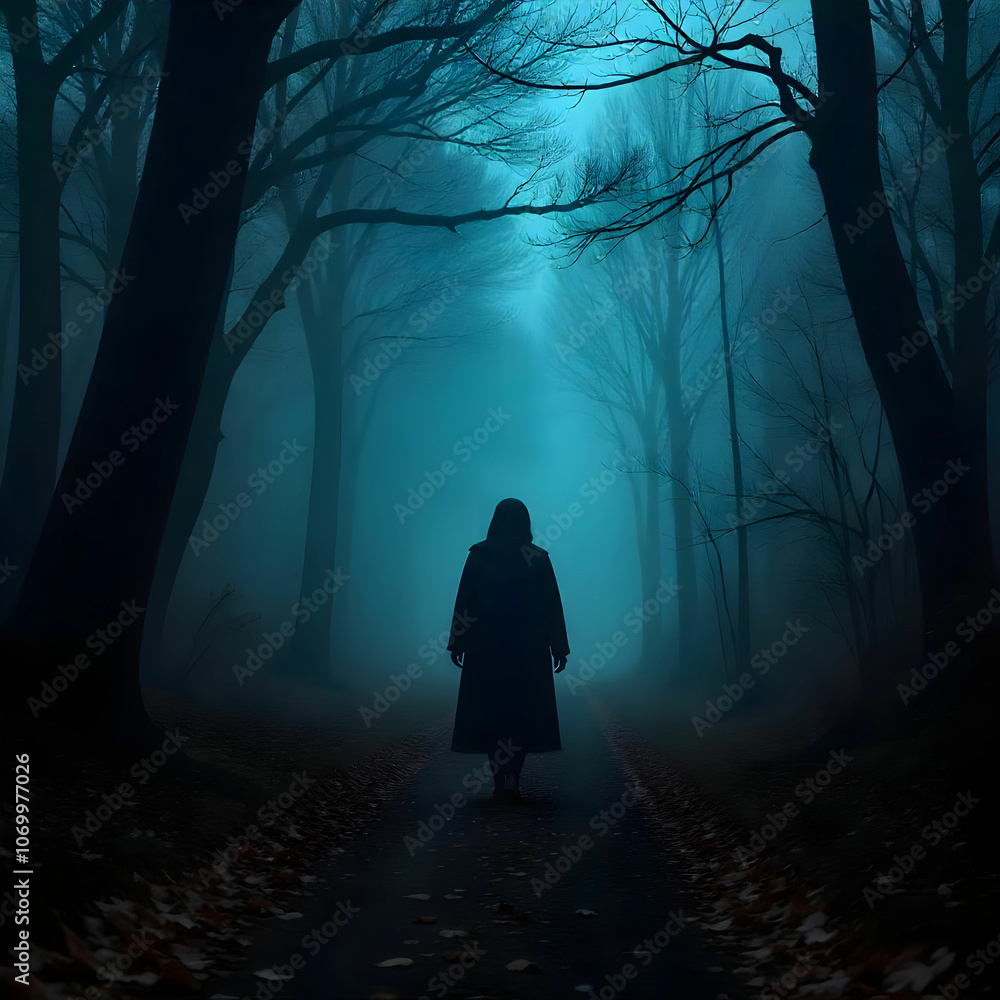 A solitary woman walks along a misty forest path, shrouded in darkness and fog. A solitary woman walks along a misty forest path, shrouded in darkness and fog.