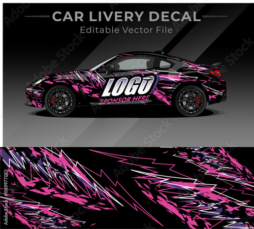 Car wrap decal designs full vector with black, pink, purple colour. Abstract racing and sport background for car livery or daily use car vinyl sticker