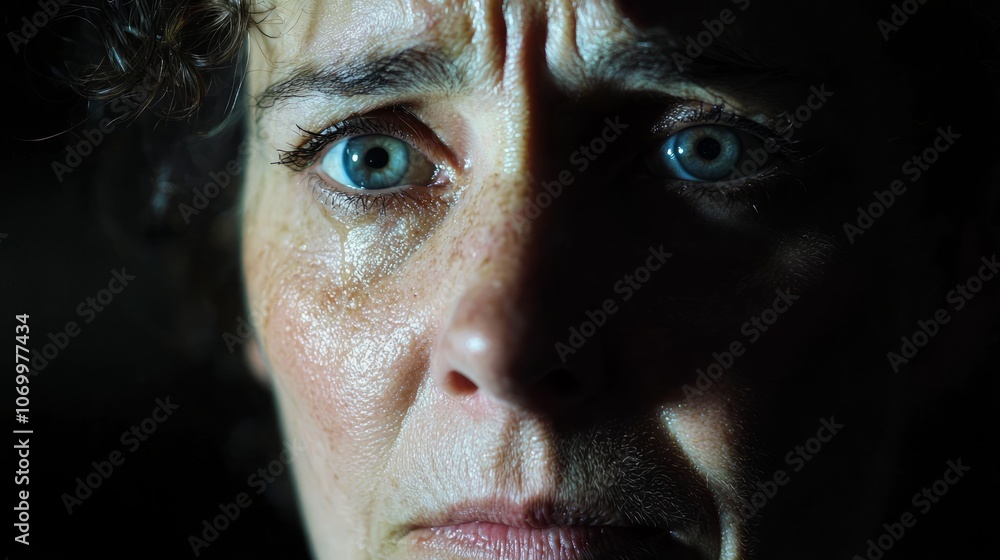 Raw Emotions: Poignant Portrait of Crying Woman Against Dark Background Raw Emotions: Poignant Portrait of Crying Woman Against Dark Background