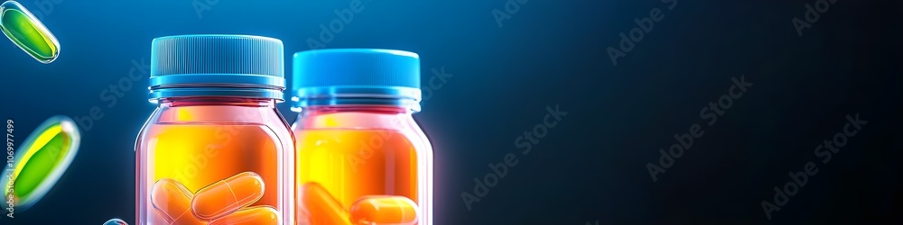 Two bottles of pills are on a table Two bottles of pills are on a table