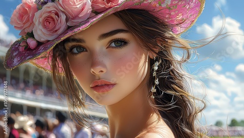 A beautiful woman wearing an elaborate hat with flowers on it, at the Grand National horse race photo