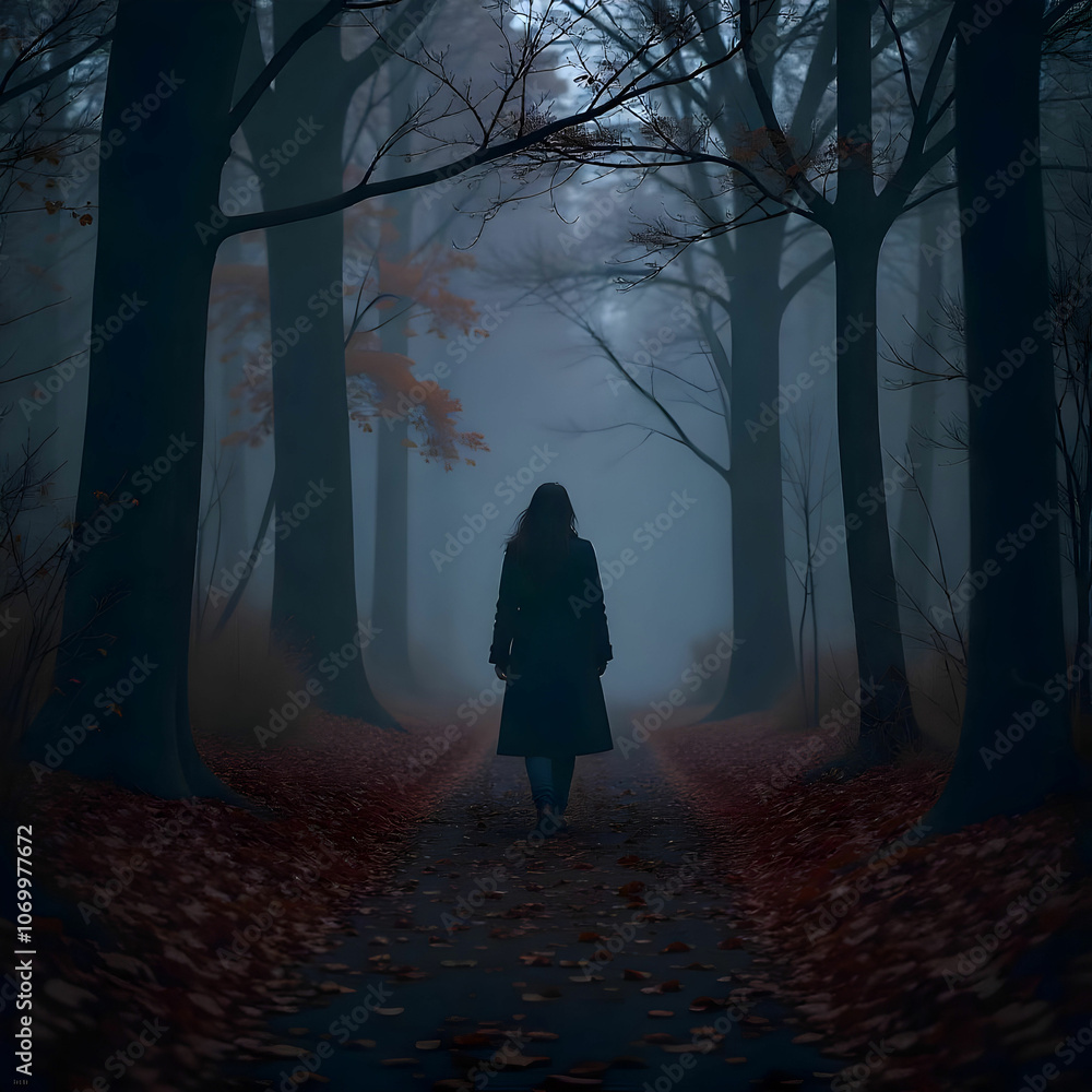 A solitary woman walks along a misty forest path, shrouded in darkness and fog. A solitary woman walks along a misty forest path, shrouded in darkness and fog.