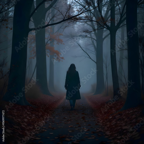 A solitary woman walks along a misty forest path, shrouded in darkness and fog.