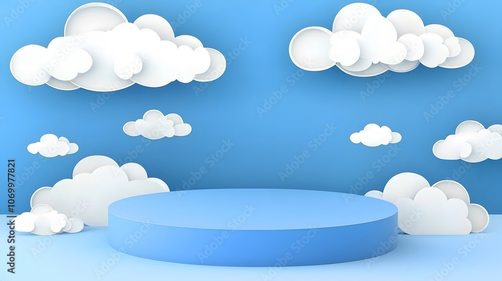 Blue podium with paper cut clouds on sky background. Vector 3d product display podium, stage or scene with round pastel blue base and origami white clouds. Geometric shape presentation stand, platfor
Blue podium with paper cut clouds on sky background. Vector 3d product display podium, stage or scene with round pastel blue base and origami white clouds. Geometric shape presentation stand, platfor
