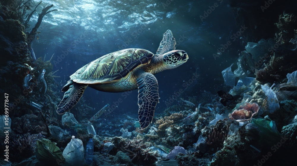 A sea turtle swims through a polluted ocean filled with debris, highlighting environmental issues. A sea turtle swims through a polluted ocean filled with debris, highlighting environmental issues.