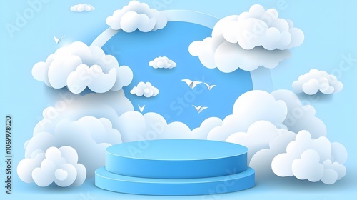 
Blue podium with paper cut clouds on sky background. Vector 3d product display podium, stage or scene with round pastel blue base and origami white clouds. Geometric shape presentation stand, platfor photo