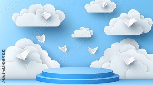 
Blue podium with paper cut clouds on sky background. Vector 3d product display podium, stage or scene with round pastel blue base and origami white clouds. Geometric shape presentation stand, platfor photo