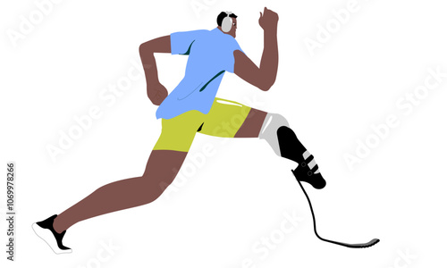 Man with prosthetic leg running. Athlete, person with disability doing sport, cardio workout, jogging. Active jogger, runner with prosthesis. Flat vector illustration isolated on white background