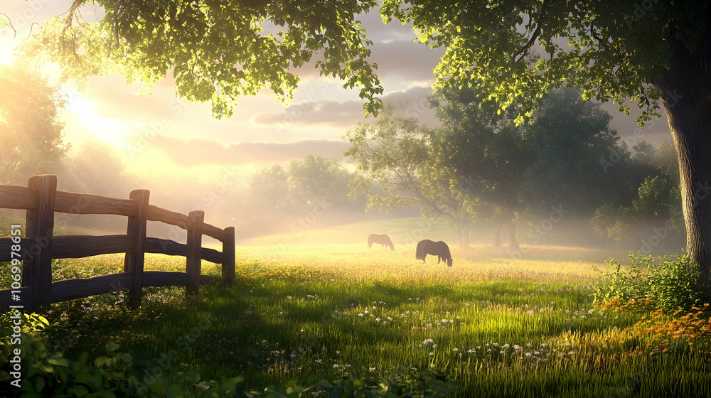 Two horses graze in a misty field at sunrise with a wooden fence in the foreground. Two horses graze in a misty field at sunrise with a wooden fence in the foreground.