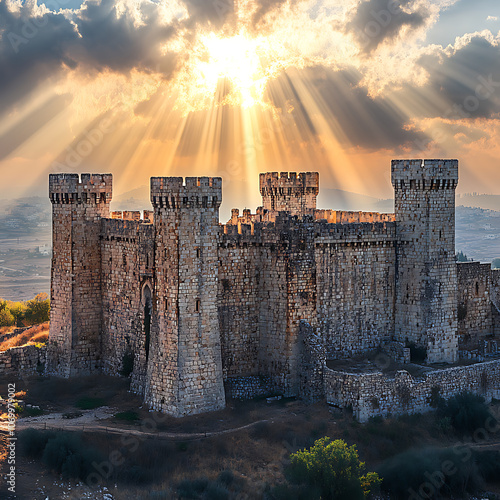 medieval crusader castle in Holy Land, bathed in sunlight, showcasing its majestic towers and ancient stone walls. scene evokes sense of history and grandeur photo