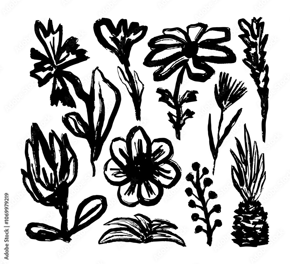 Hand drawn flower and leaf. Vector art. Doodle Ink floral and plant abstract illustration. Sketch nature simple daisy, flower, leaves, graphic elements Hand drawn flower and leaf. Vector art. Doodle Ink floral and plant abstract illustration. Sketch nature simple daisy, flower, leaves, graphic elements