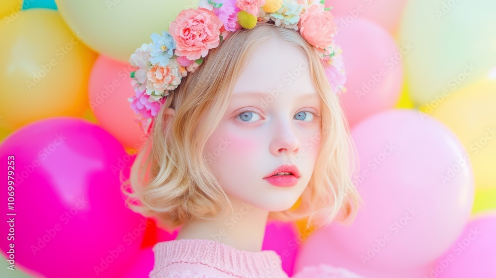 Joyful Girl with Flower Crown and Colorful Balloons - Capturing the Spirit of Childhood Celebration Joyful Girl with Flower Crown and Colorful Balloons - Capturing the Spirit of Childhood Celebration