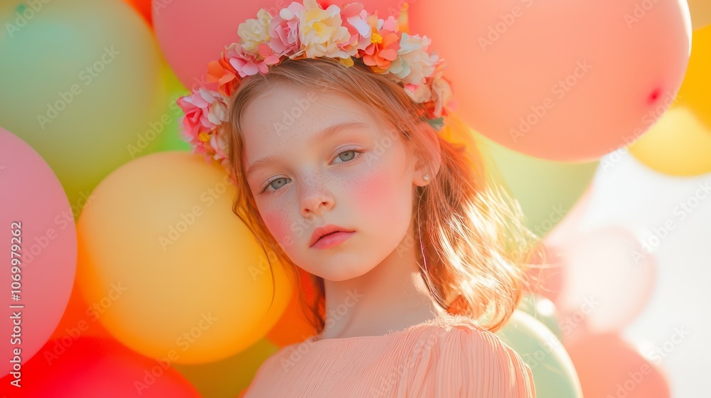 Joyful Girl with Flower Crown Among Colorful Balloons - Celebrating Childhood Spirit Joyful Girl with Flower Crown Among Colorful Balloons - Celebrating Childhood Spirit
