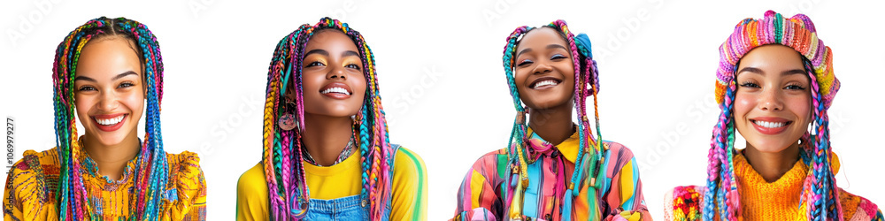 Vibrant and joyful portrait of a young confident woman with colorful dreadlocks hairstyle and ethnic diverse fashion She is captured in a studio setting with a cheerful celebratory expression Vibrant and joyful portrait of a young confident woman with colorful dreadlocks hairstyle and ethnic diverse fashion She is captured in a studio setting with a cheerful celebratory expression