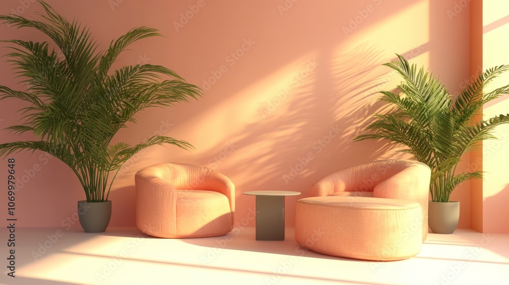 A vibrant set design featuring a modern living room with sleek furniture and a light solid color background A vibrant set design featuring a modern living room with sleek furniture and a light solid color background