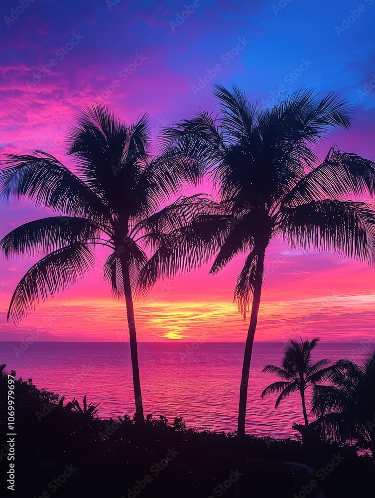 Colorful sunset over the ocean with palm trees silhouetted against the sky Colorful sunset over the ocean with palm trees silhouetted against the sky