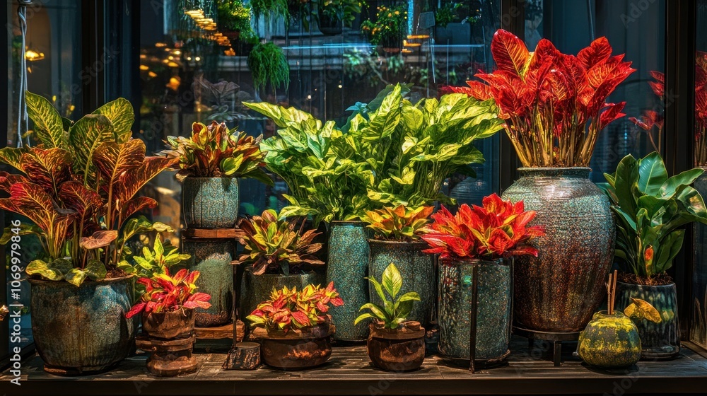 Fototapeta premium A vibrant display of various indoor plants in decorative pots, showcasing greenery and aesthetics.
