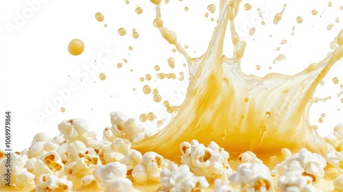 A splash of yellow liquid with popcorn, creating a dynamic and playful food scene.