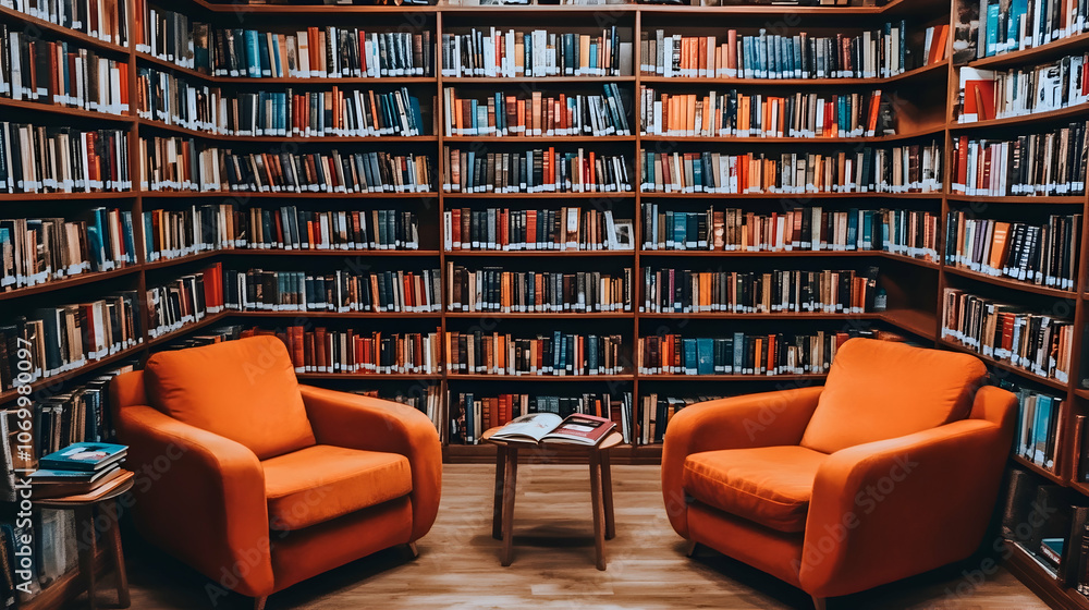 Two orange armchairs sit in front of a bookshelf filled with books in a library. Two orange armchairs sit in front of a bookshelf filled with books in a library.