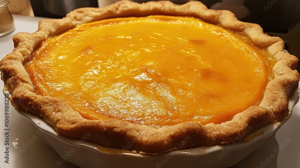 A freshly baked pumpkin pie with a golden brown crust A freshly baked pumpkin pie with a golden brown crust