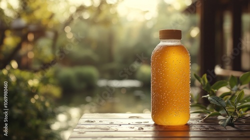 A bottle of refreshing beverage on a wooden table