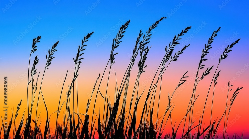 Silhouette of tall grass against a colorful sunset sky. Silhouette of tall grass against a colorful sunset sky.