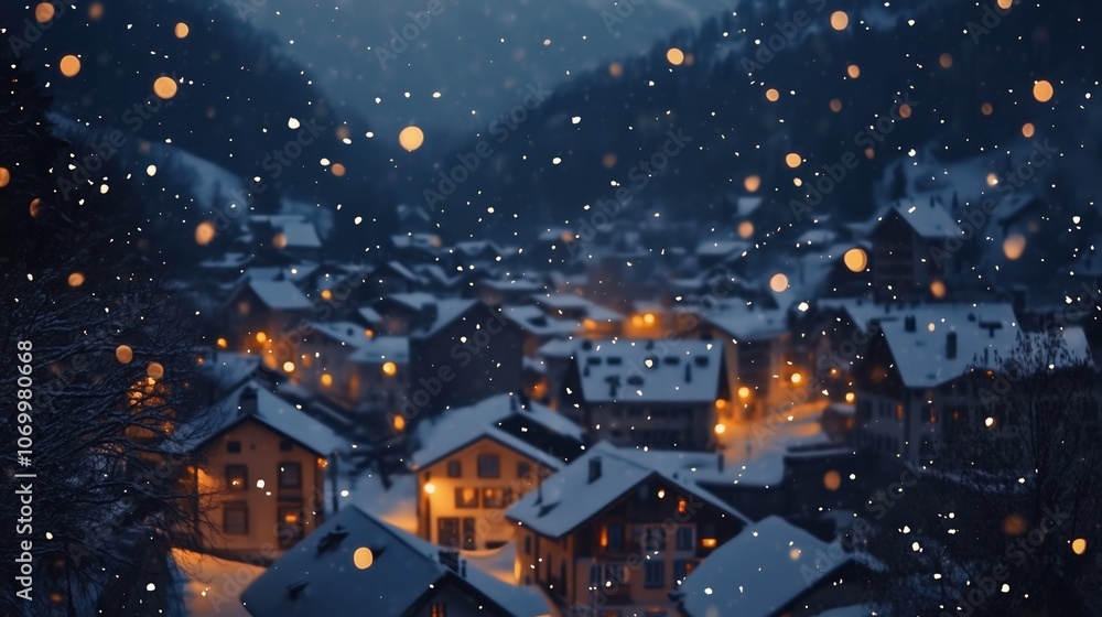Fototapeta premium Snowy village at dusk with warm lights glowing from cottage windows
