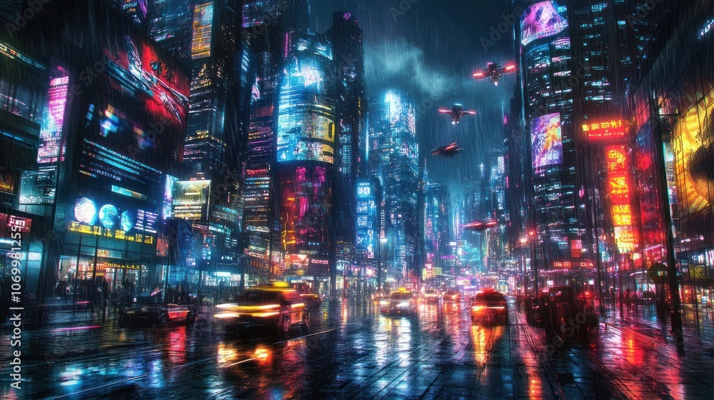 Obraz premium Cyberpunk Cityscape with Rain and Flying Cars