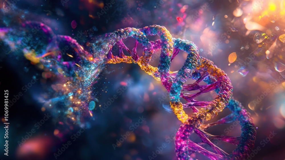 A vibrant, colorful double helix DNA strand, representing the building blocks of life, against a cosmic background with sparkling particles. A vibrant, colorful double helix DNA strand, representing the building blocks of life, against a cosmic background with sparkling particles.