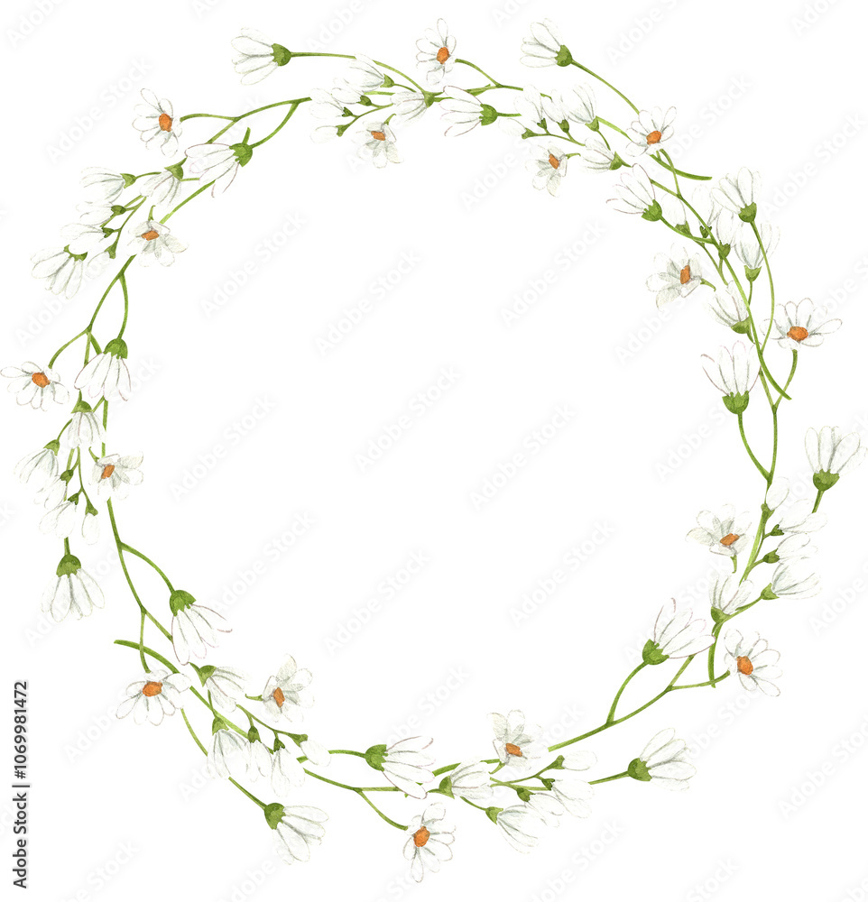 Handdrawn Watercolor Wreath of White Daisy Flowers Handdrawn Watercolor Wreath of White Daisy Flowers