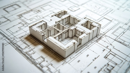 Fototapeta Naklejka Na Ścianę i Meble -  3d house model on blueprints, visualizing architectural design and construction planning for a modern home