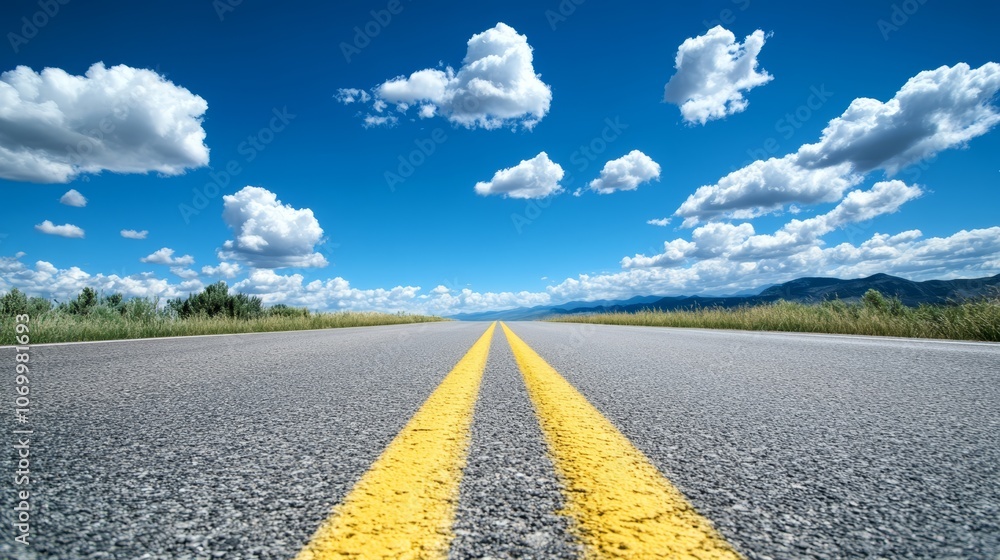 Naklejka premium Bright yellow road line, a guide for safe travel on asphalt streets and highways