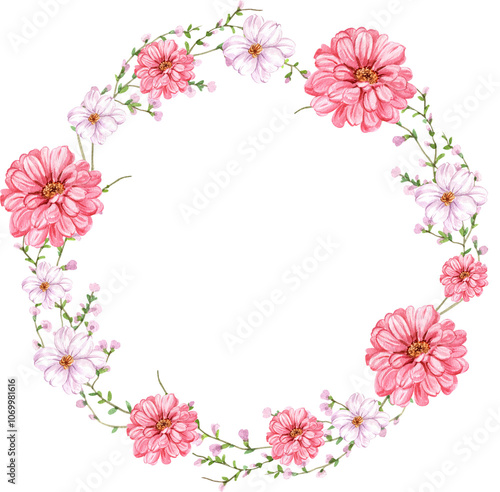 Handdrawn Watercolor Wreath of Pink Dahlias and Tulips