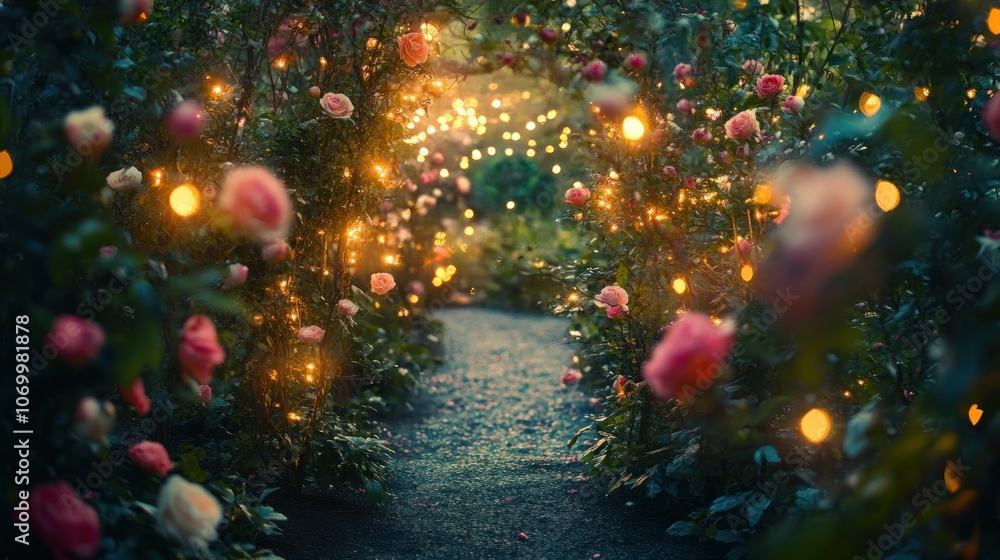 Fototapeta premium A magical path lined with pink flowers and twinkling lights leads through a lush garden.