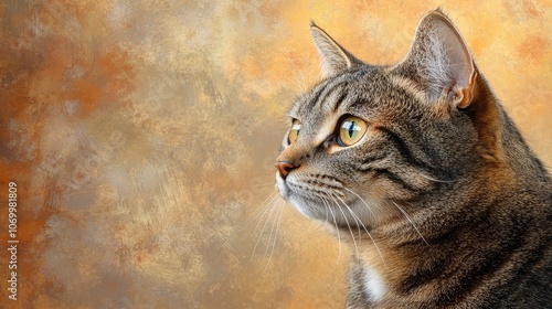 Intrigued cat's upward gaze, a study of feline curiosity and captivation on blank wall